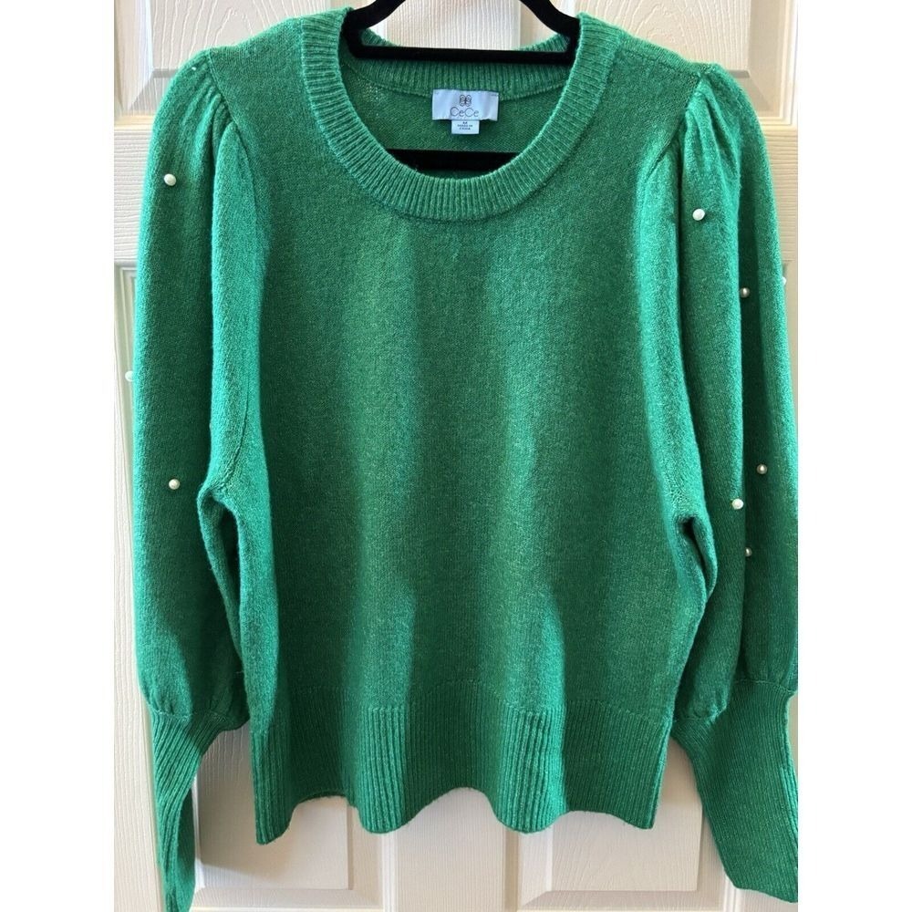 Cece‎ Women Kelly Green Pearl Accent Puff Short Sleeve Pullover Sweater M